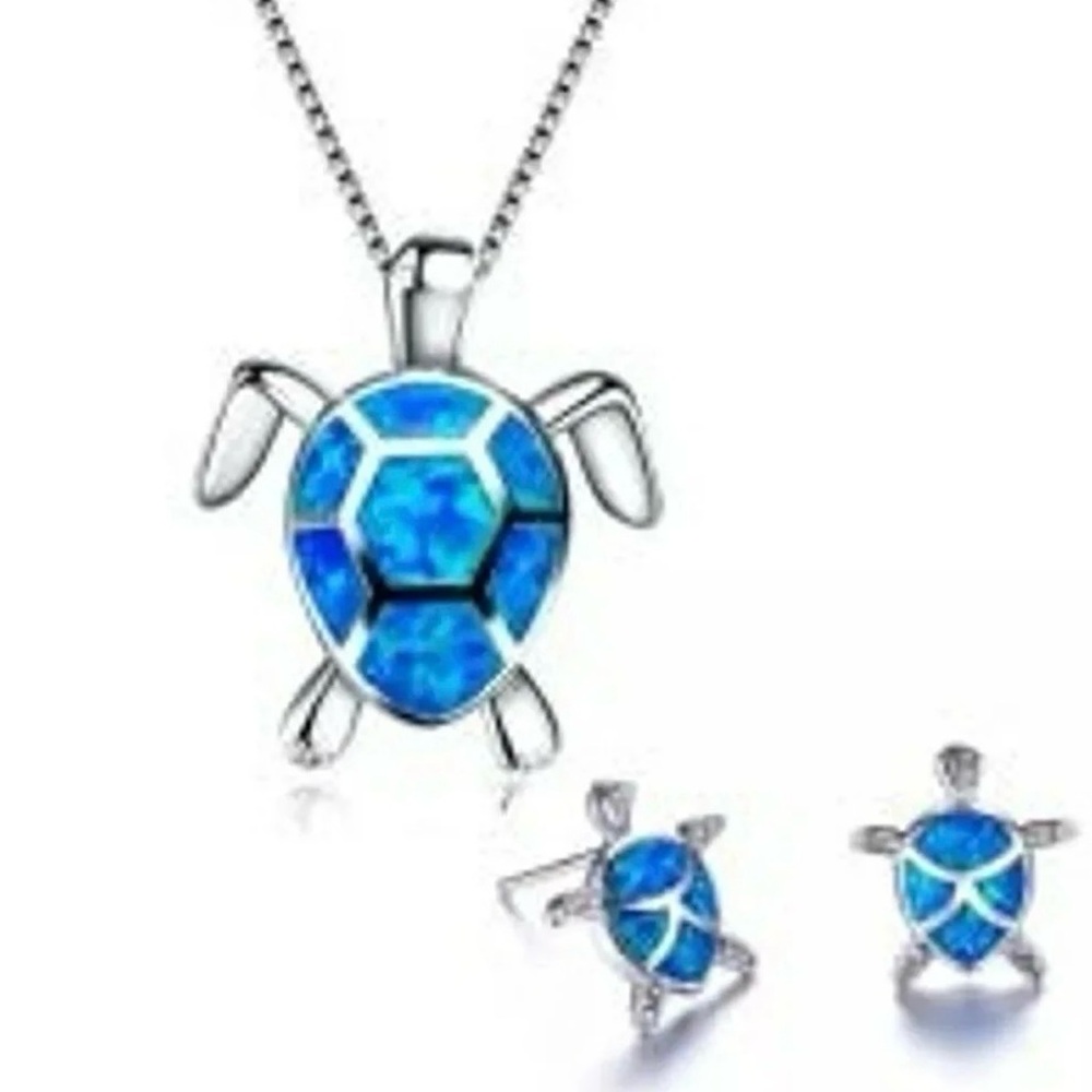 NEW Blue Opal Sea Turtle Pendant Necklace and Earrings Set